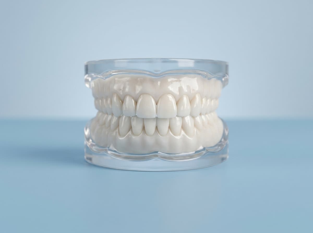 Full-arch zirconia bridge on four to six implants.